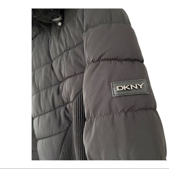 DKNY Long Puffer Jacket Women's quilted stretch panel sides black size large nwt - Picture 7 of 14